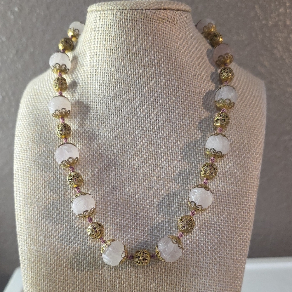 Vintage China Gold and Carved Glass Beaded Necklace